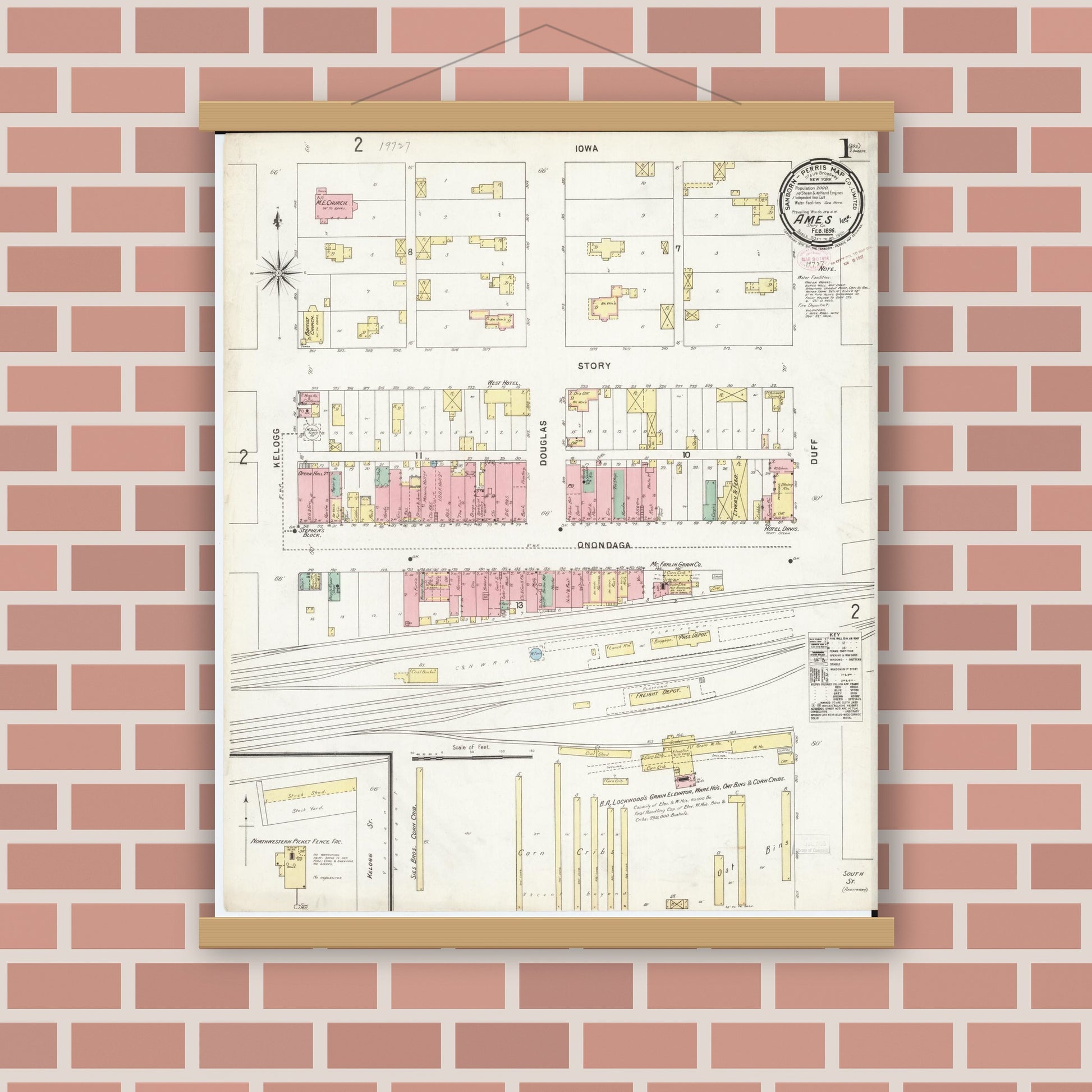 Old map wall art mockup — magnetic wood frame on brick wall — Sanborn Fire Insurance Map from Ames, Story County, Iowa (1896) â€” Complete Set