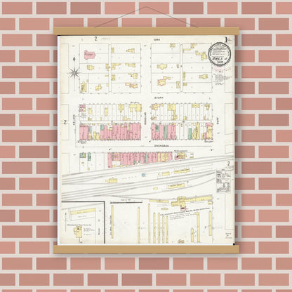 Old map wall art mockup — magnetic wood frame on brick wall — Sanborn Fire Insurance Map from Ames, Story County, Iowa (1896) â€” Complete Set