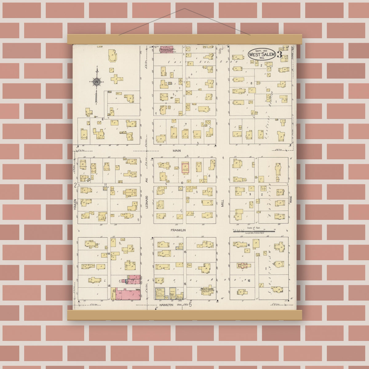 Old map wall art mockup — magnetic wood frame on brick wall — Sanborn Fire Insurance Map from West Salem, La Crosse County, Wisconsin (1922), Sheet #0003