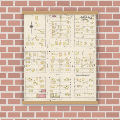 Old map wall art mockup — magnetic wood frame on brick wall — Sanborn Fire Insurance Map from West Salem, La Crosse County, Wisconsin (1922), Sheet #0003