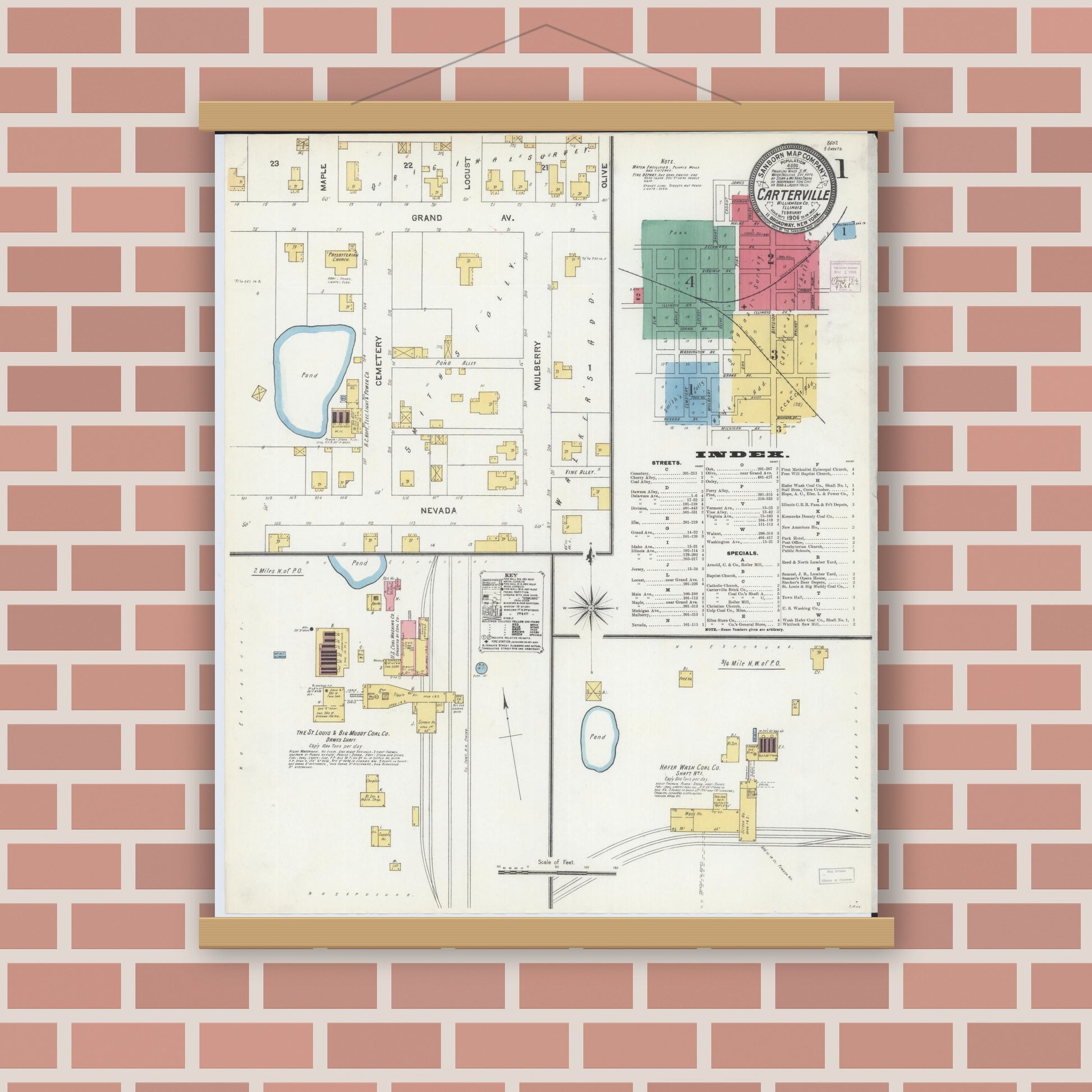 Old map wall art mockup — magnetic wood frame on brick wall — Sanborn Fire Insurance Map from Carterville, Williamson County, Illinois (1906) - Complete Map Set