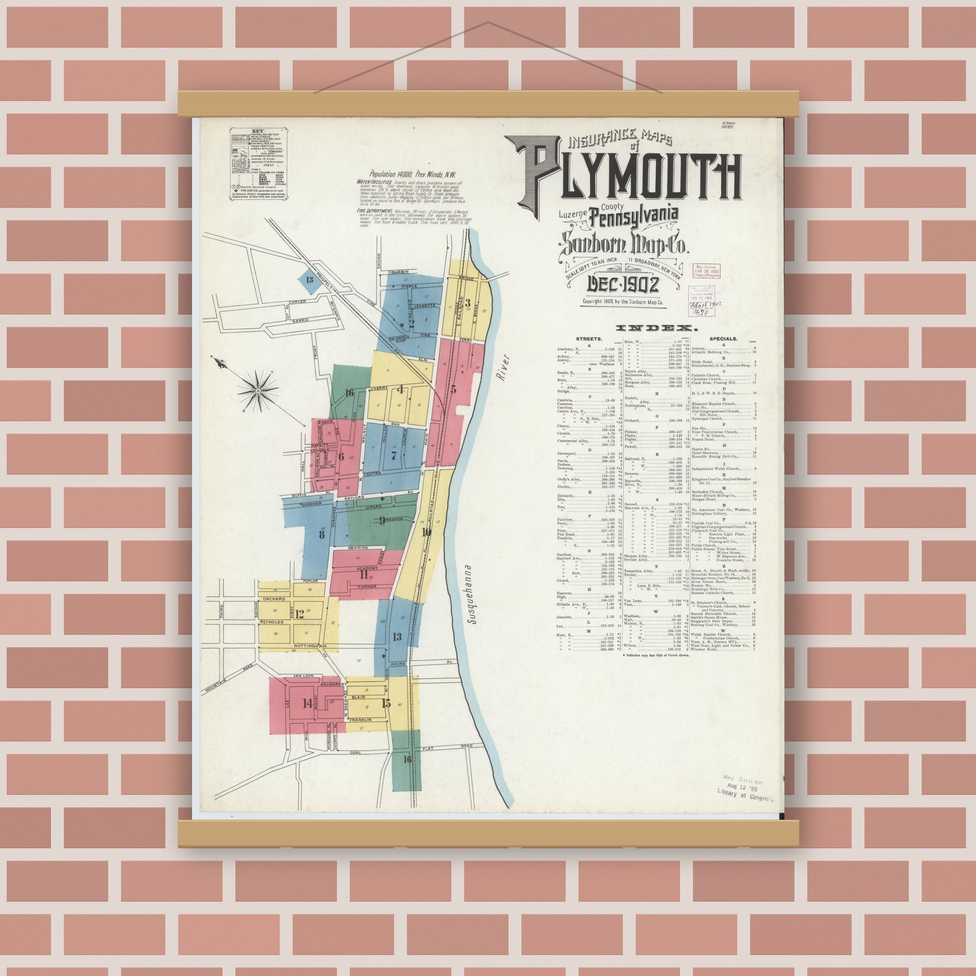 Old map wall art mockup — magnetic wood frame on brick wall — Sanborn Fire Insurance Map from Plymouth, Luzerne County, Pennsylvania (1902) - Complete Map Set