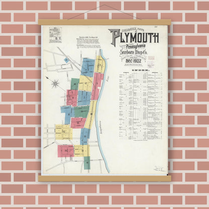 Old map wall art mockup — magnetic wood frame on brick wall — Sanborn Fire Insurance Map from Plymouth, Luzerne County, Pennsylvania (1902) - Complete Map Set