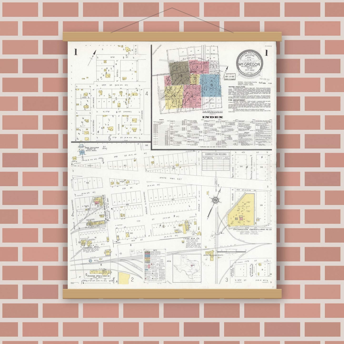 Old map wall art mockup — magnetic wood frame on brick wall — Sanborn Fire Insurance Map from McGregor, McLennan County, Texas (1932), Sheet #0001