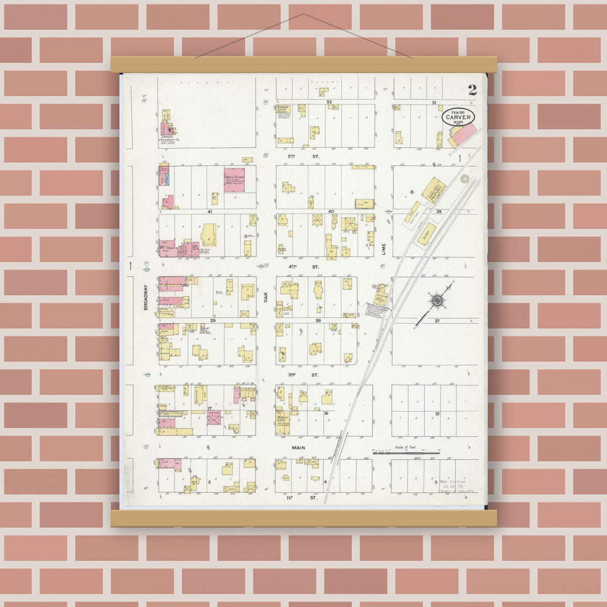 Old map wall art mockup — magnetic wood frame on brick wall — Sanborn Fire Insurance Map from Carver, Carver County, Minnesota (1911), Sheet #0002