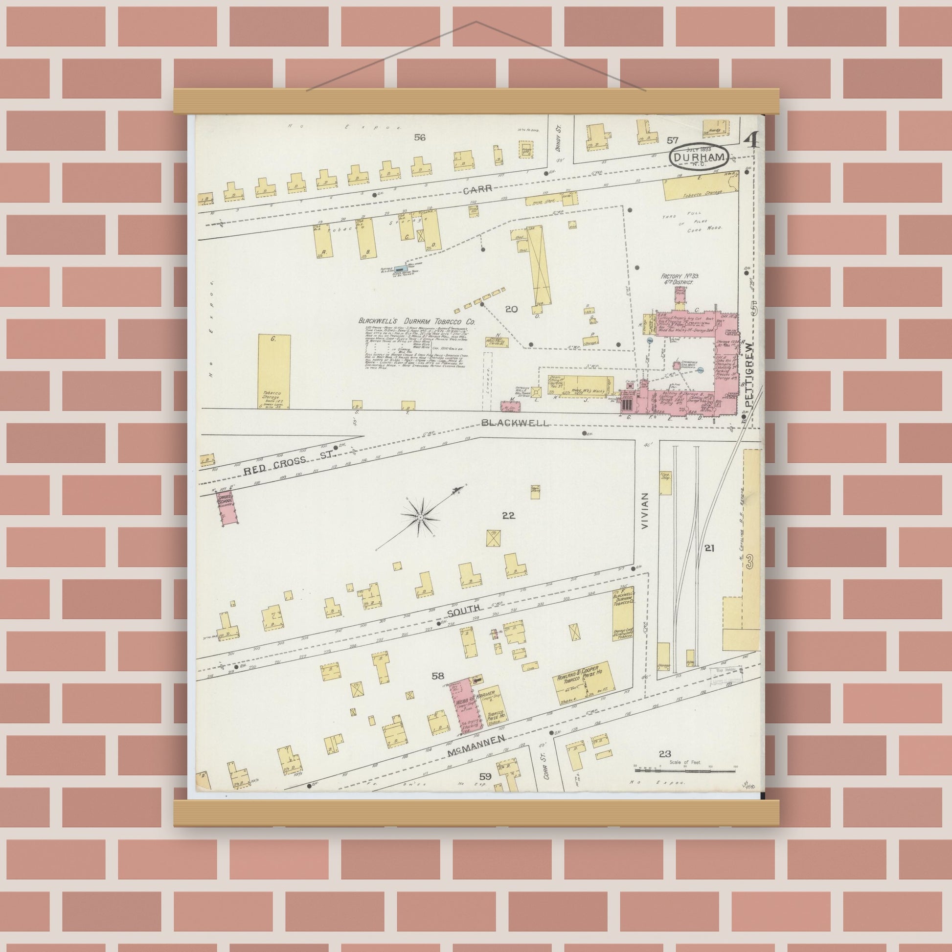 Old map wall art mockup — magnetic wood frame on brick wall — Sanborn Fire Insurance Map from Durham, Durham County, North Carolina (1893), Sheet #0004