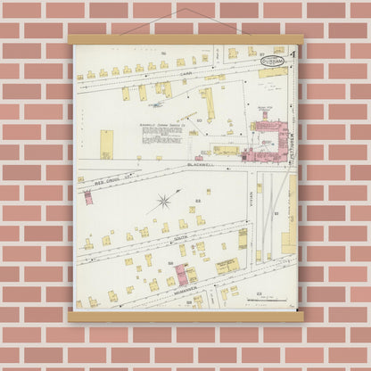 Old map wall art mockup — magnetic wood frame on brick wall — Sanborn Fire Insurance Map from Durham, Durham County, North Carolina (1893), Sheet #0004