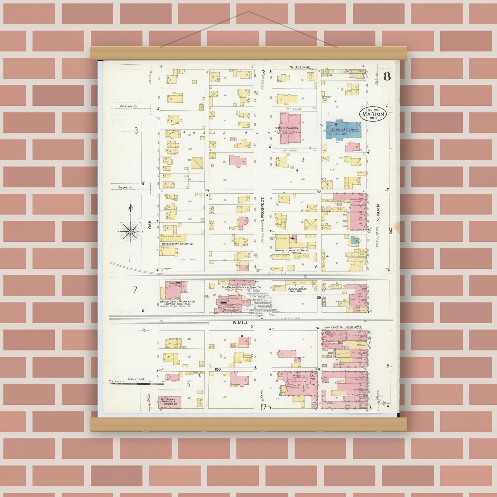 Old map wall art mockup — magnetic wood frame on brick wall — Sanborn Fire Insurance Map from Marion, Marion County, Ohio (1908), Sheet #0008