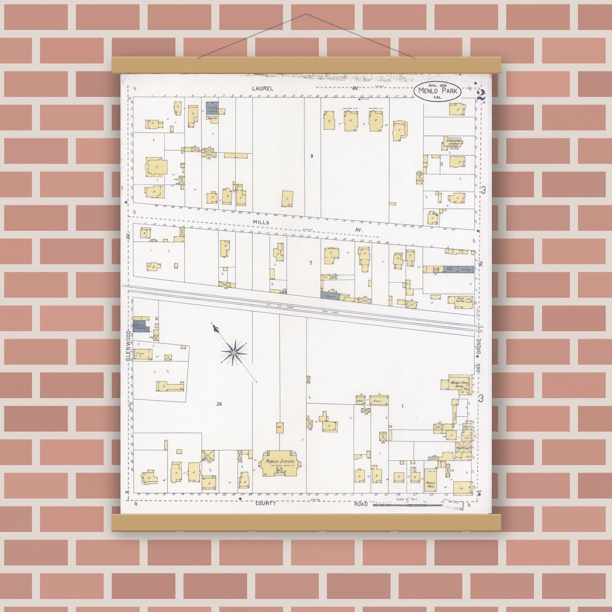 Old map wall art mockup — magnetic wood frame on brick wall — Sanborn Fire Insurance Map from Menlo Park, San Mateo County, California (1908), Sheet #0002