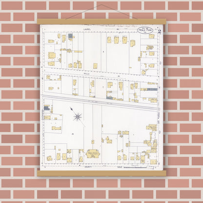 Old map wall art mockup — magnetic wood frame on brick wall — Sanborn Fire Insurance Map from Menlo Park, San Mateo County, California (1908), Sheet #0002