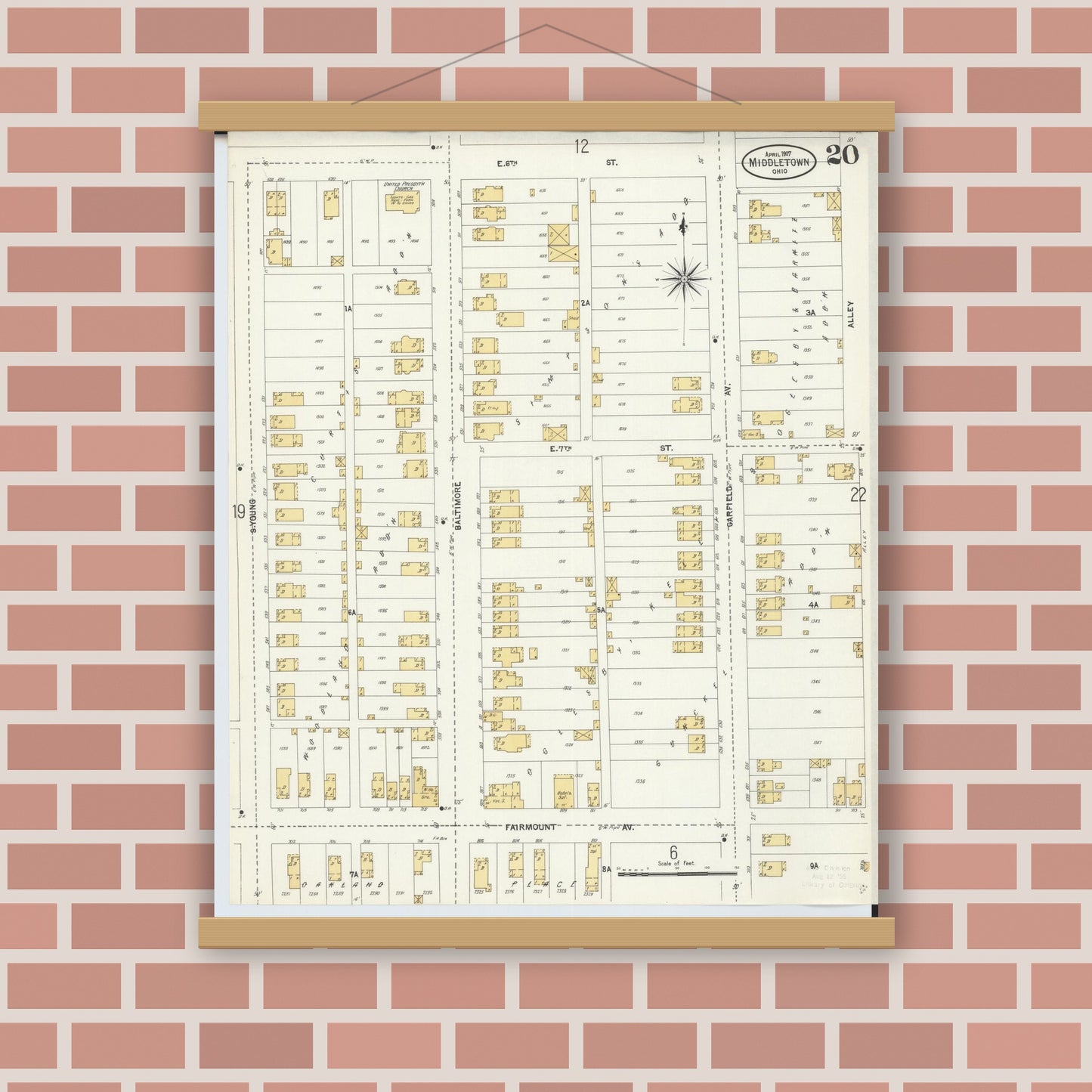 Old map wall art mockup — magnetic wood frame on brick wall — Sanborn Fire Insurance Map from Middletown, Butler County, Ohio (1907), Sheet #0020