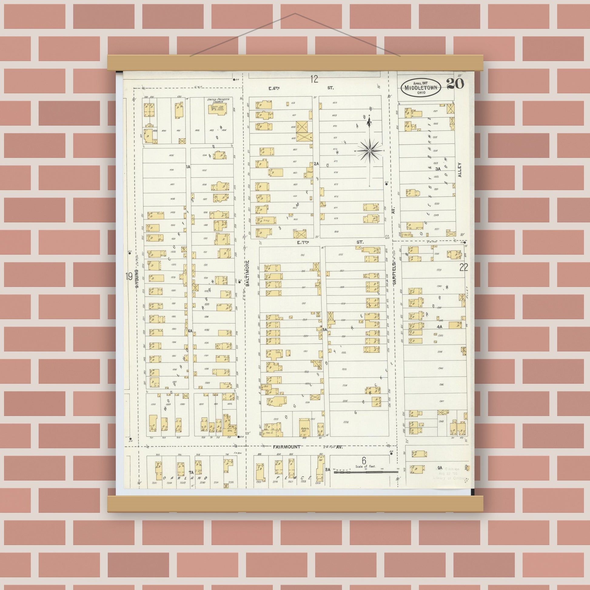 Old map wall art mockup — magnetic wood frame on brick wall — Sanborn Fire Insurance Map from Middletown, Butler County, Ohio (1907), Sheet #0020