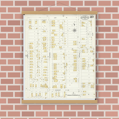 Old map wall art mockup — magnetic wood frame on brick wall — Sanborn Fire Insurance Map from Middletown, Butler County, Ohio (1907), Sheet #0020