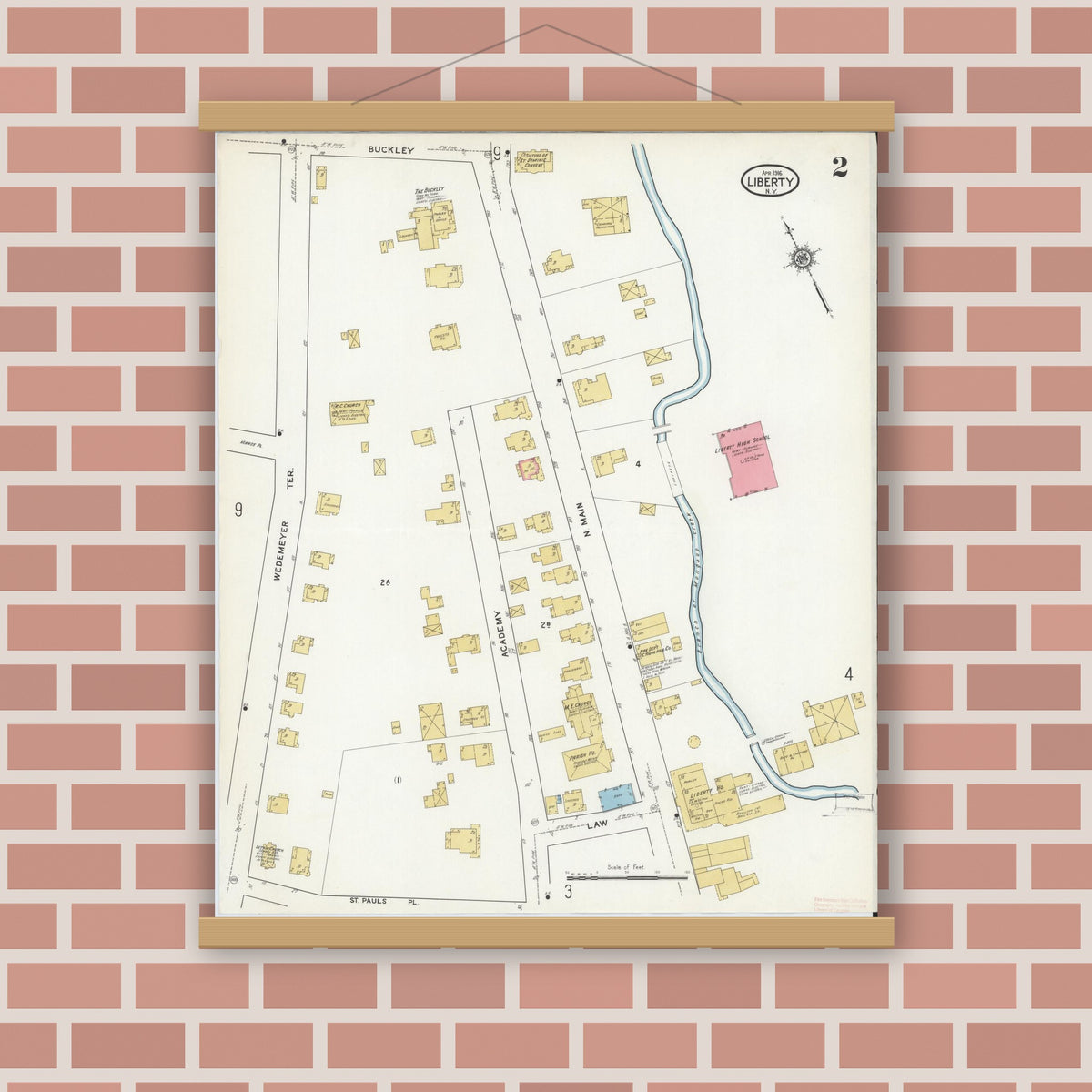 Old map wall art mockup — magnetic wood frame on brick wall — Sanborn Fire Insurance Map from Liberty, Sullivan County, New York (1916), Sheet #0002