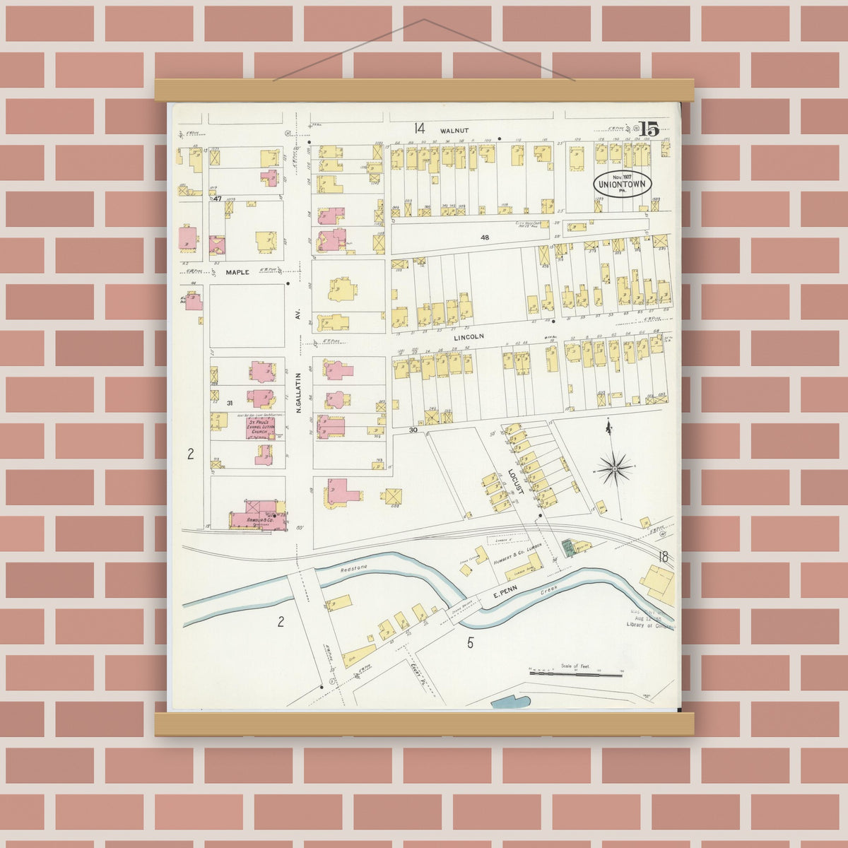 Old map wall art mockup — magnetic wood frame on brick wall — Sanborn Fire Insurance Map from Uniontown, Fayette County, Pennsylvania (1907), Sheet #0015