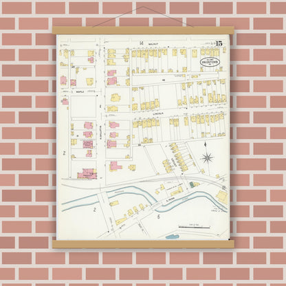 Old map wall art mockup — magnetic wood frame on brick wall — Sanborn Fire Insurance Map from Uniontown, Fayette County, Pennsylvania (1907), Sheet #0015