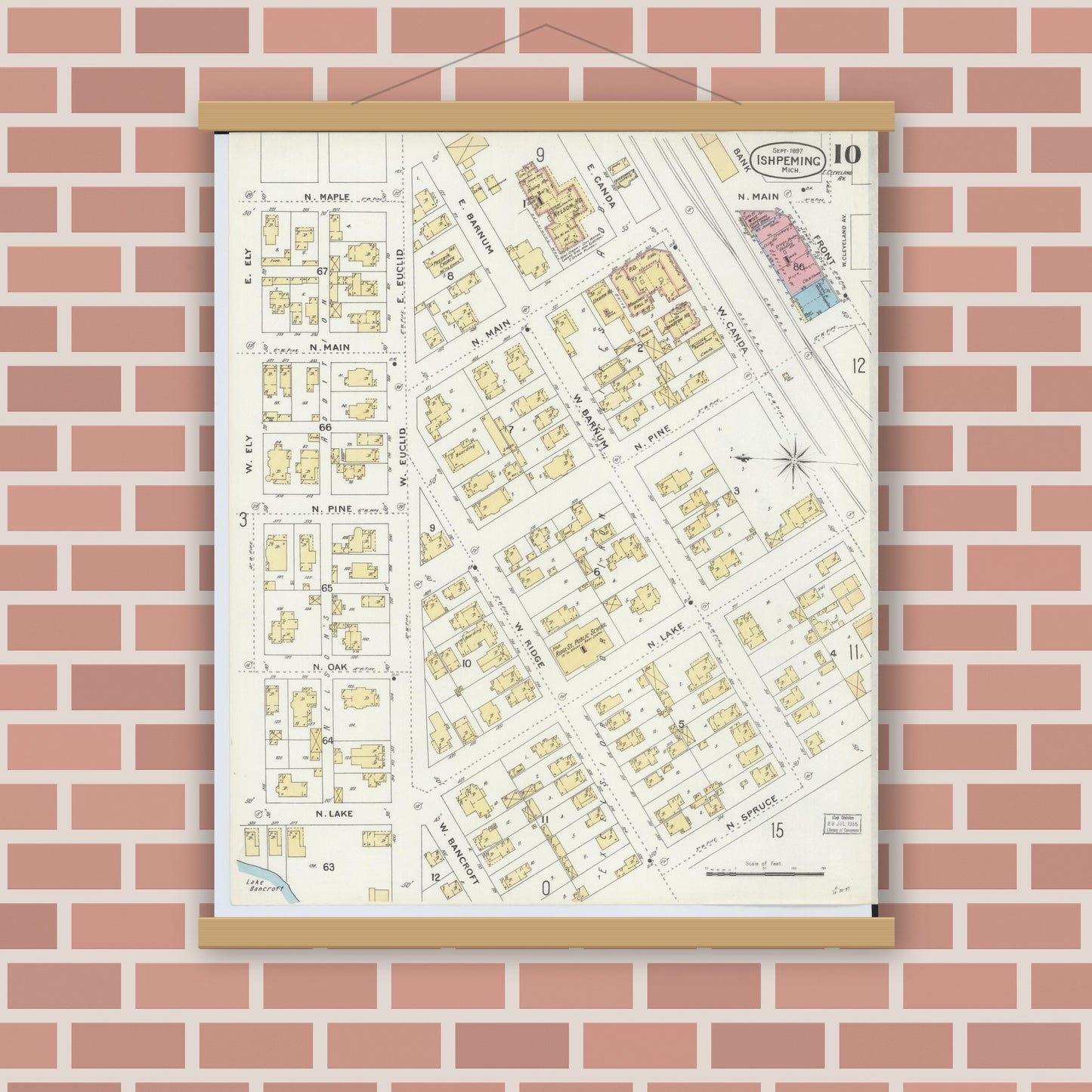 Old map wall art mockup — magnetic wood frame on brick wall — Sanborn Fire Insurance Map from Ishpeming, Marquette County, Michigan (1897), Sheet #0010