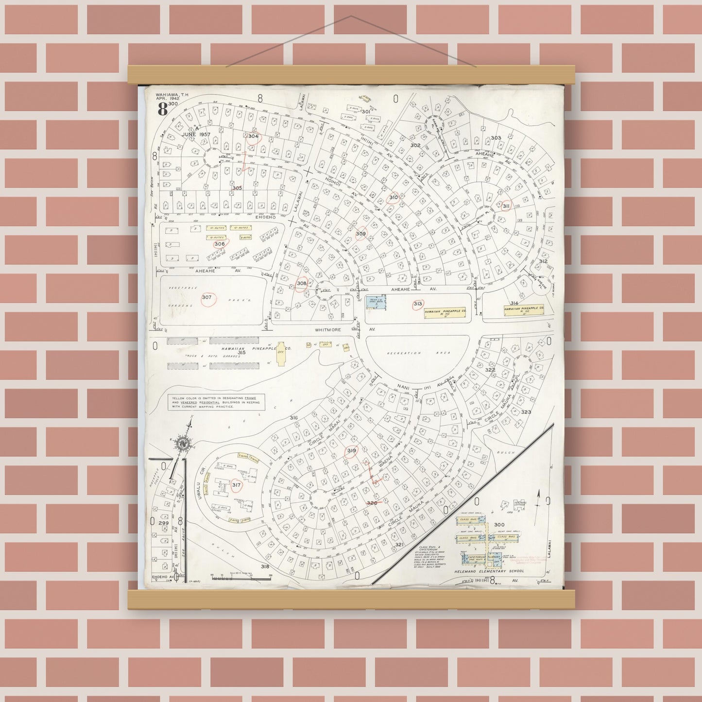 Old map wall art mockup — magnetic wood frame on brick wall — Sanborn Fire Insurance Map from Wahiawa, Honolulu County, Hawaii (1957), Sheet #0008