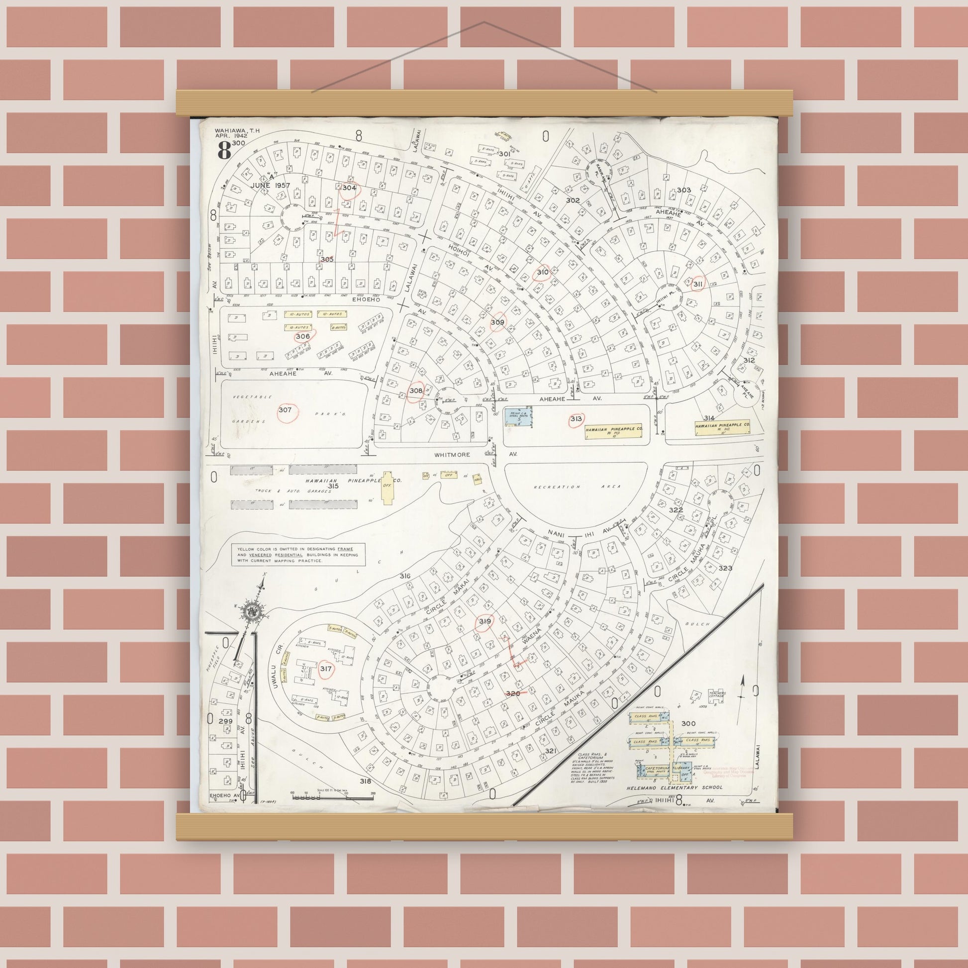 Old map wall art mockup — magnetic wood frame on brick wall — Sanborn Fire Insurance Map from Wahiawa, Honolulu County, Hawaii (1957), Sheet #0008
