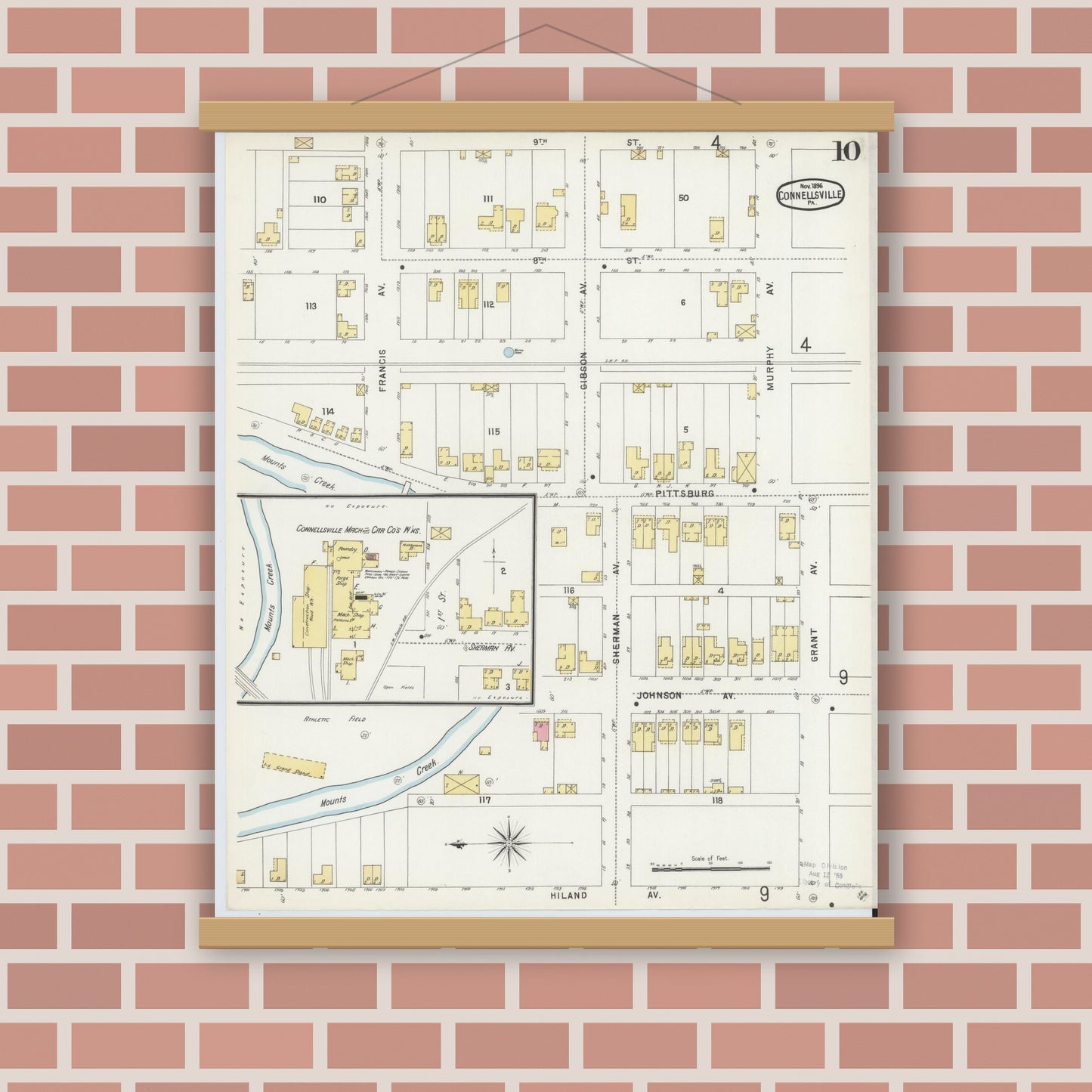 Old map wall art mockup — magnetic wood frame on brick wall — Sanborn Fire Insurance Map from Connellsville, Fayette County, Pennsylvania (1896), Sheet #0010