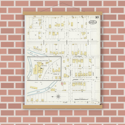 Old map wall art mockup — magnetic wood frame on brick wall — Sanborn Fire Insurance Map from Connellsville, Fayette County, Pennsylvania (1896), Sheet #0010