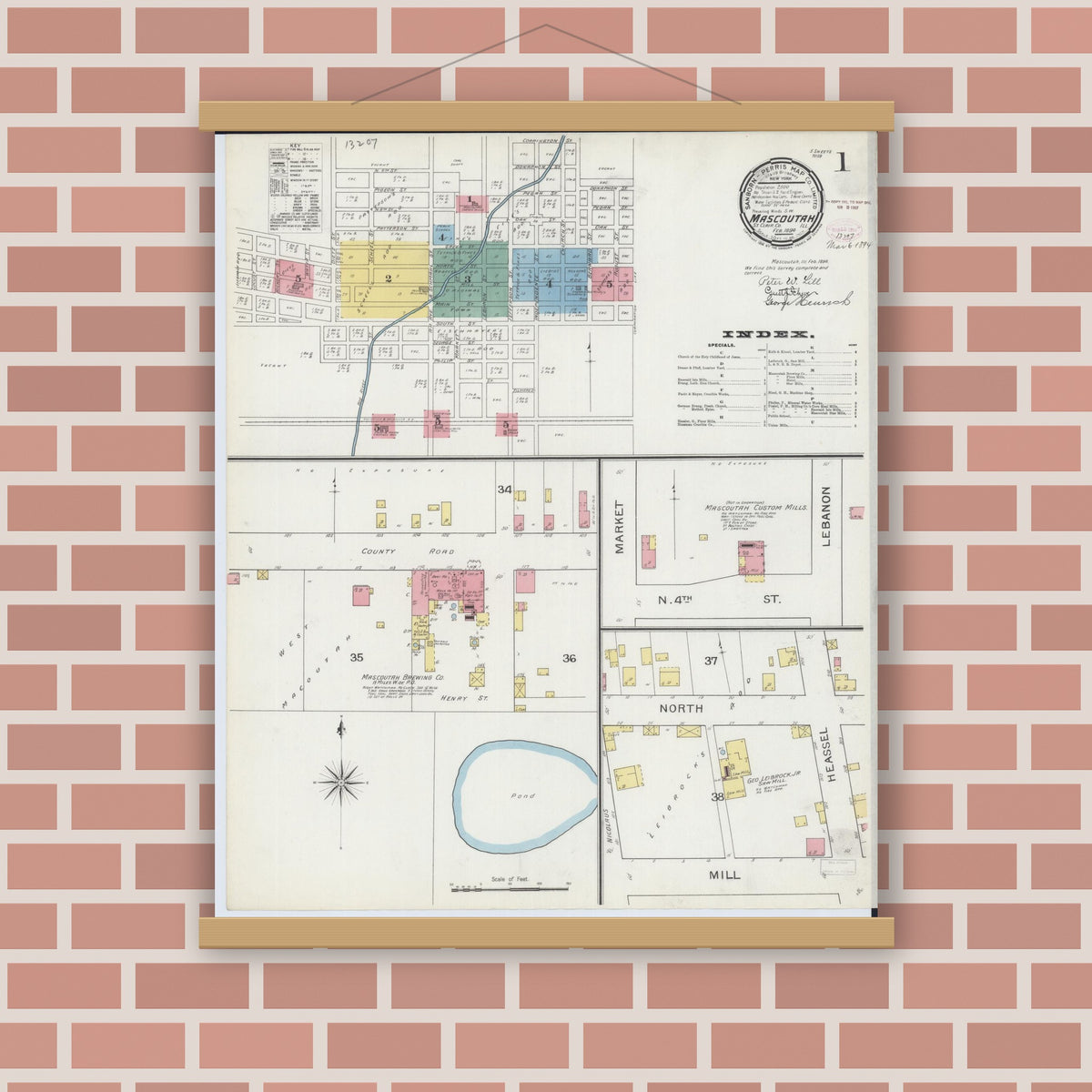 Old map wall art mockup — magnetic wood frame on brick wall — Sanborn Fire Insurance Map from Mascoutah, Saint Clair County, Illinois (1894) - Complete Map Set