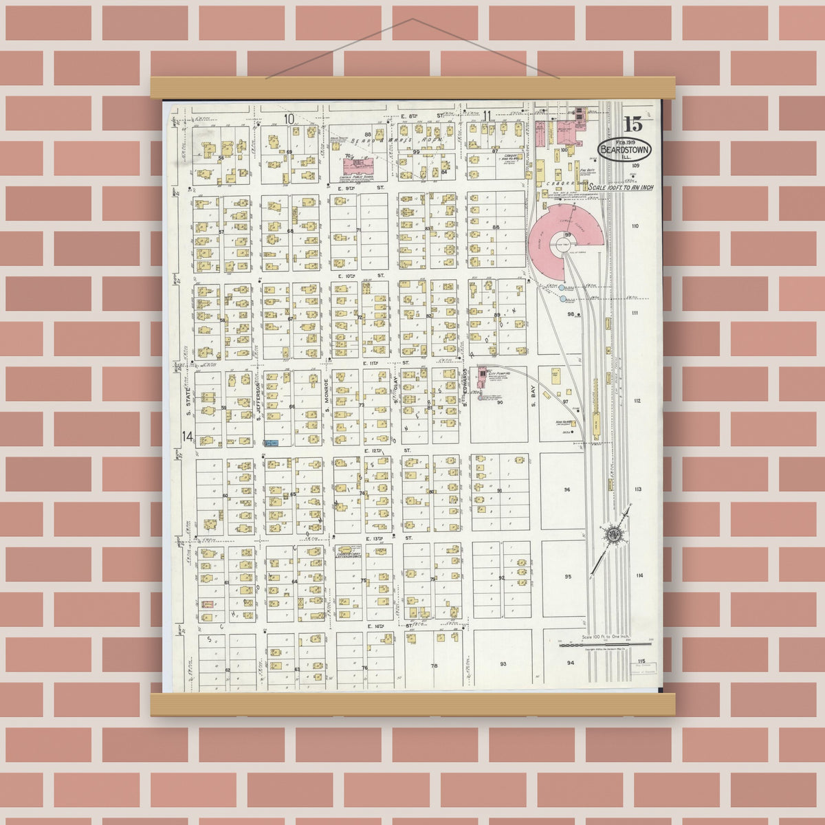Old map wall art mockup — magnetic wood frame on brick wall — Sanborn Fire Insurance Map from Beardstown, Cass County, Illinois (1919), Sheet #0015