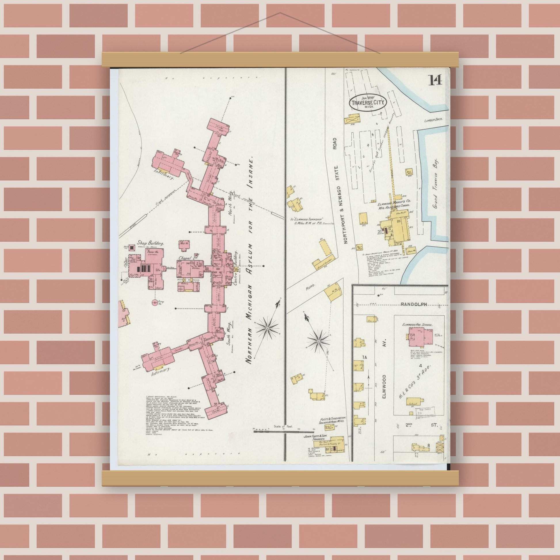Old map wall art mockup — magnetic wood frame on brick wall — Sanborn Fire Insurance Map from Traverse City, Grand Traverse County, Michigan (1899), Sheet #0014
