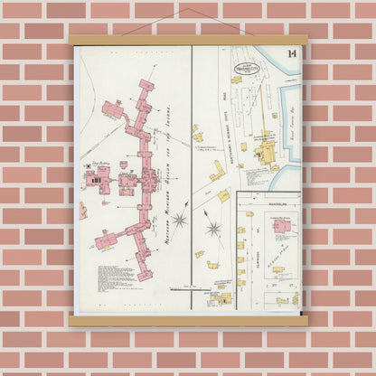 Old map wall art mockup — magnetic wood frame on brick wall — Sanborn Fire Insurance Map from Traverse City, Grand Traverse County, Michigan (1899), Sheet #0014