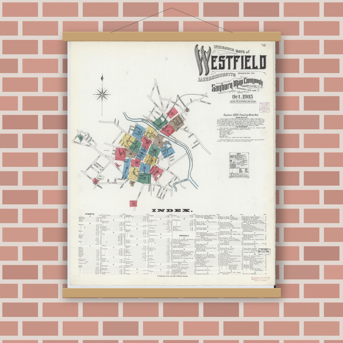 Old map wall art mockup — magnetic wood frame on brick wall — Sanborn Fire Insurance Map from Westfield, Hampden County, Massachusetts (1905) - Complete Map Set