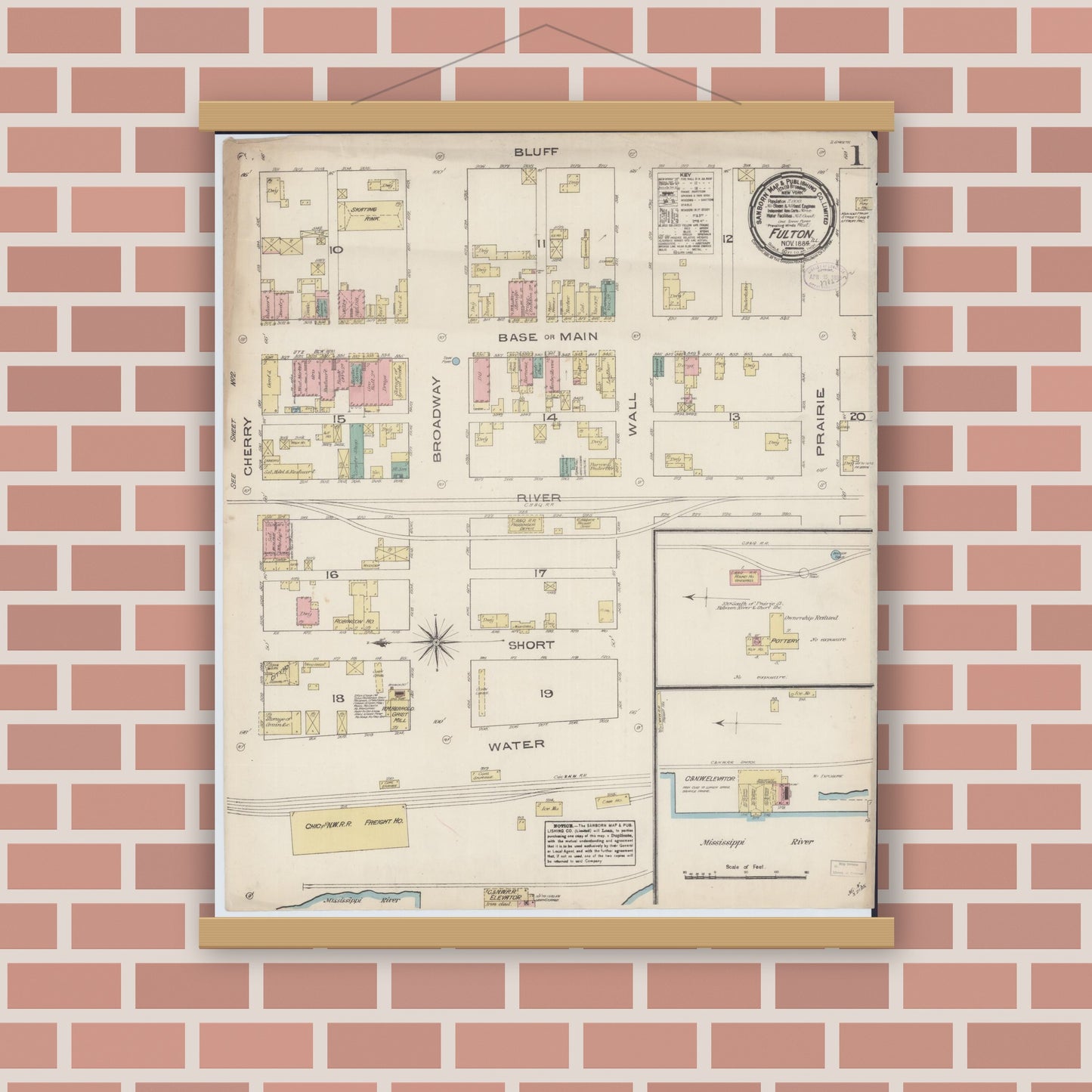 Old map wall art mockup — magnetic wood frame on brick wall — Sanborn Fire Insurance Map from Fulton, Whiteside County, Illinois (1884), Sheet #0001