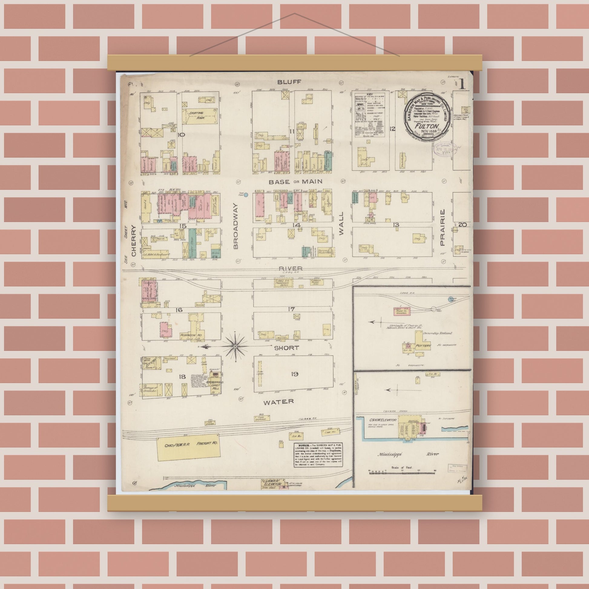Old map wall art mockup — magnetic wood frame on brick wall — Sanborn Fire Insurance Map from Fulton, Whiteside County, Illinois (1884), Sheet #0001