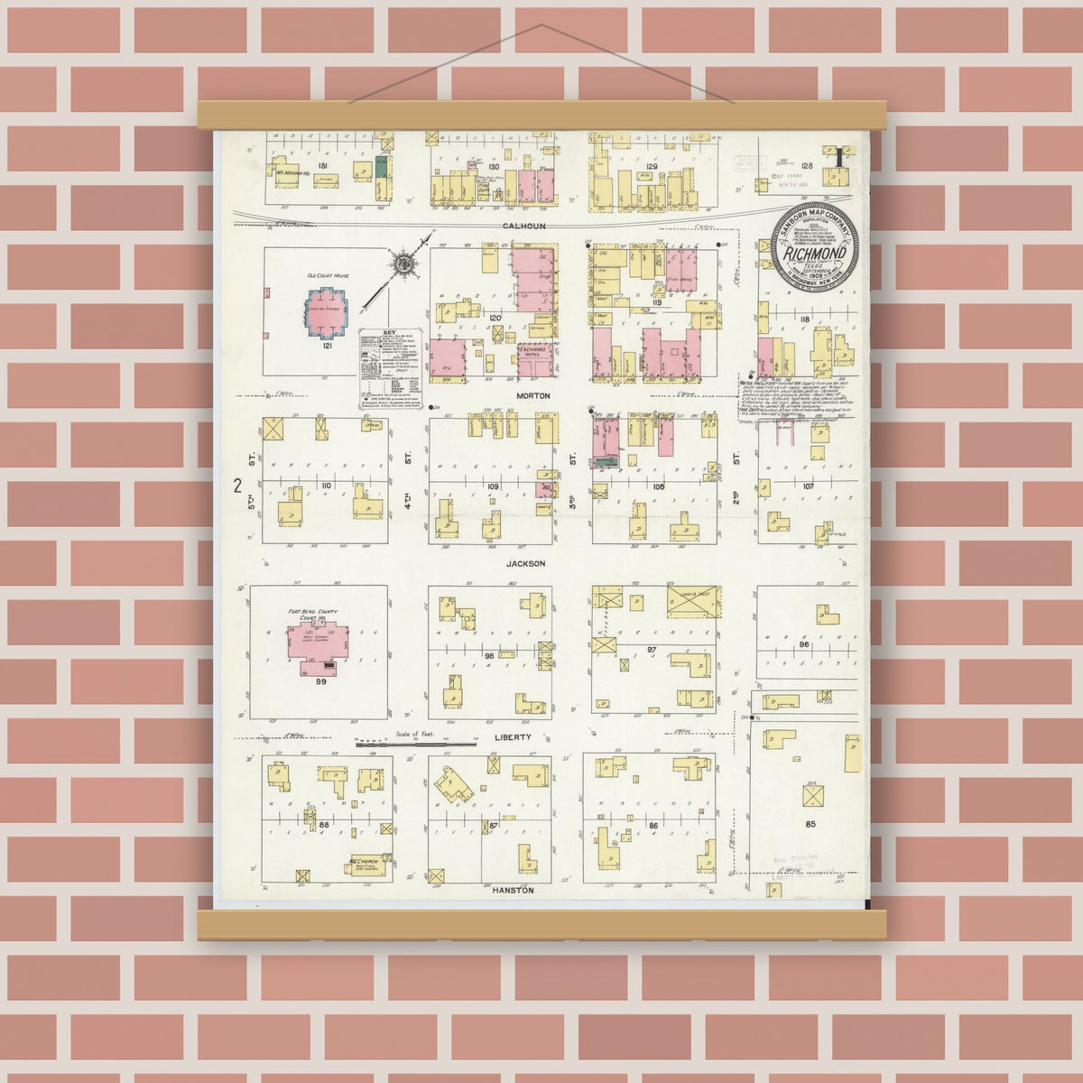 Old map wall art mockup — magnetic wood frame on brick wall — Sanborn Fire Insurance Map from Richmond, Fort Bend County, Texas (1909) - Complete Map Set