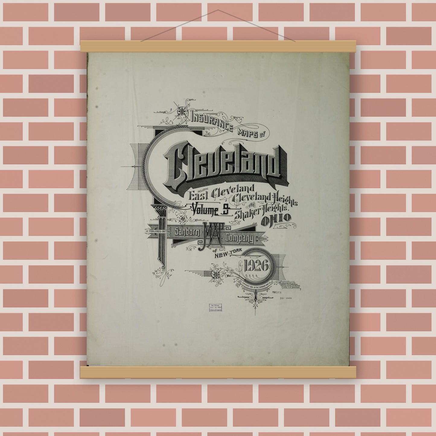 Old map wall art mockup — magnetic wood frame on brick wall — Sanborn Fire Insurance Map from Cleveland, Cuyahoga County, Ohio (1926), Sheet #0001