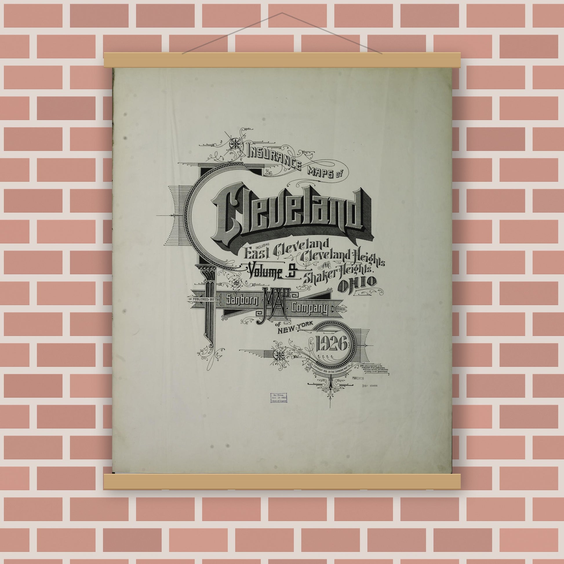 Old map wall art mockup — magnetic wood frame on brick wall — Sanborn Fire Insurance Map from Cleveland, Cuyahoga County, Ohio (1926), Sheet #0001