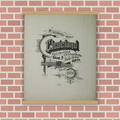 Old map wall art mockup — magnetic wood frame on brick wall — Sanborn Fire Insurance Map from Cleveland, Cuyahoga County, Ohio (1926), Sheet #0001