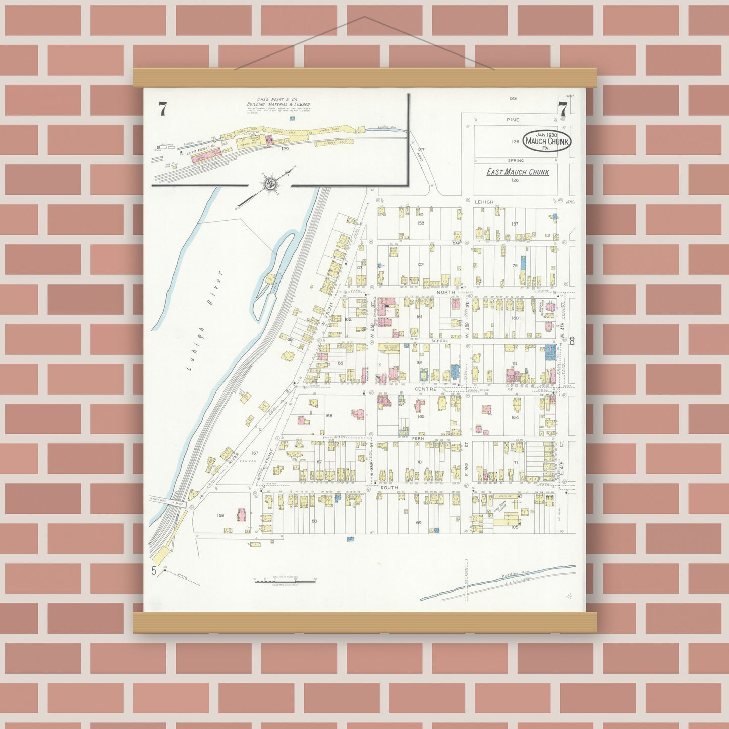 Old map wall art mockup — magnetic wood frame on brick wall — Sanborn Fire Insurance Map from Mauch Chunk, Carbon County, Pennsylvania (1930), Sheet #0007
