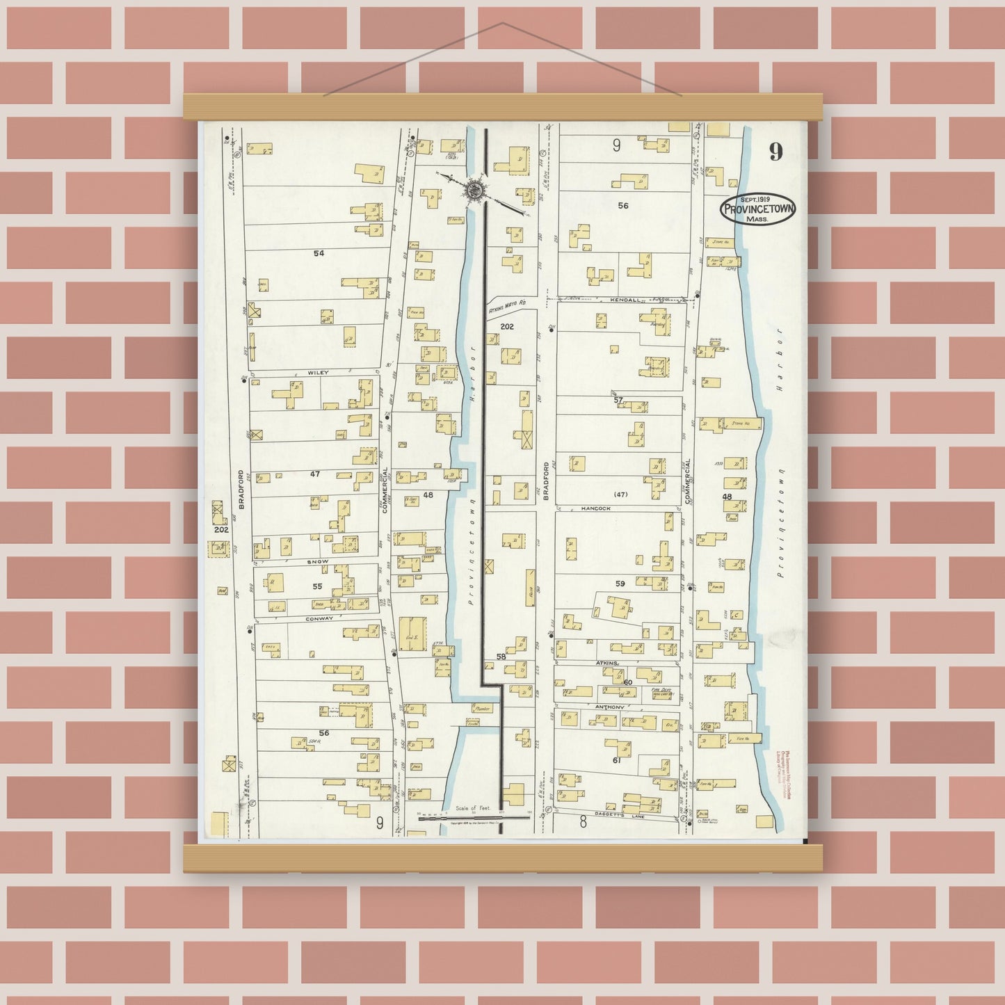 Old map wall art mockup — magnetic wood frame on brick wall — Sanborn Fire Insurance Map from Provincetown, Barnstable County, Massachusetts (1919), Sheet #0009