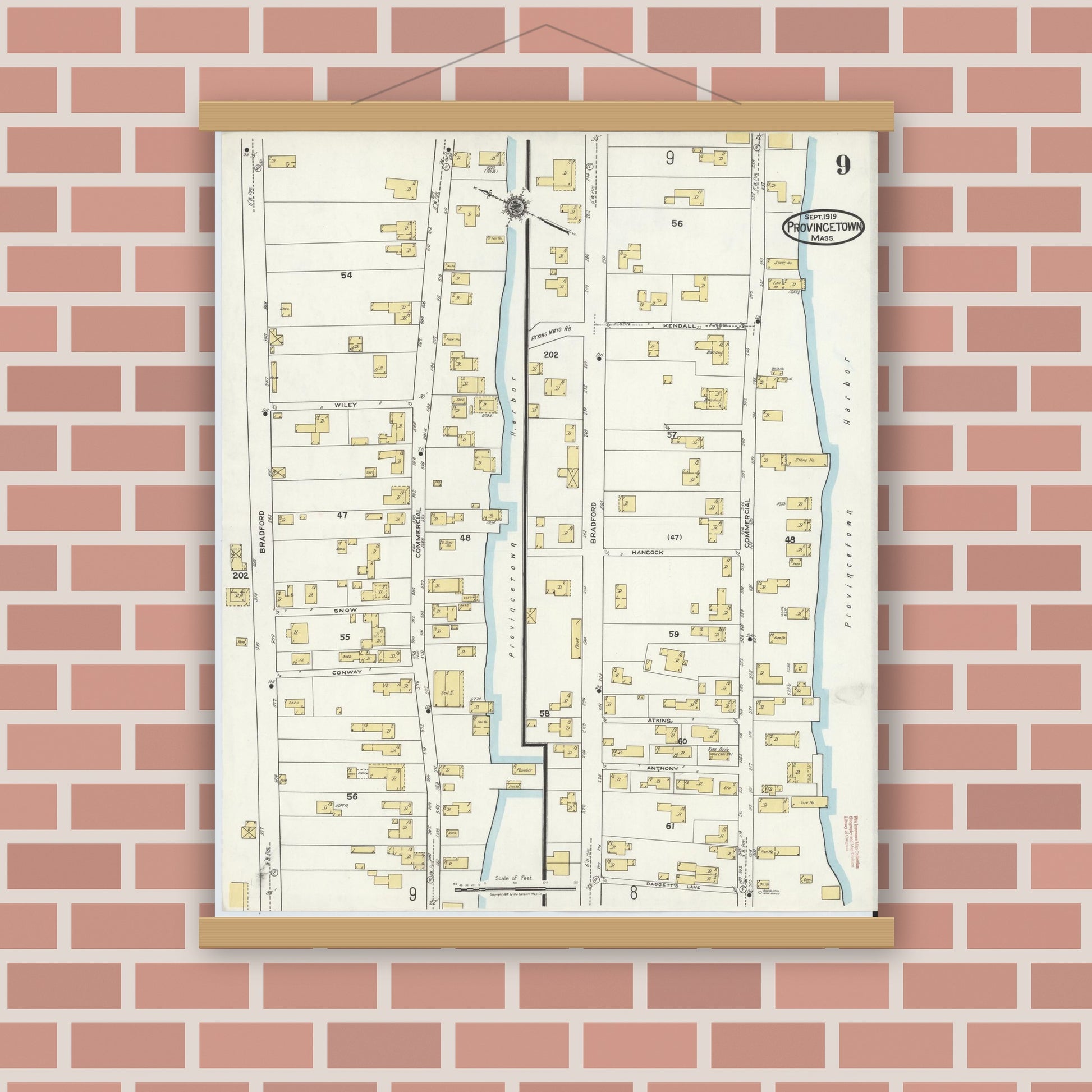 Old map wall art mockup — magnetic wood frame on brick wall — Sanborn Fire Insurance Map from Provincetown, Barnstable County, Massachusetts (1919), Sheet #0009