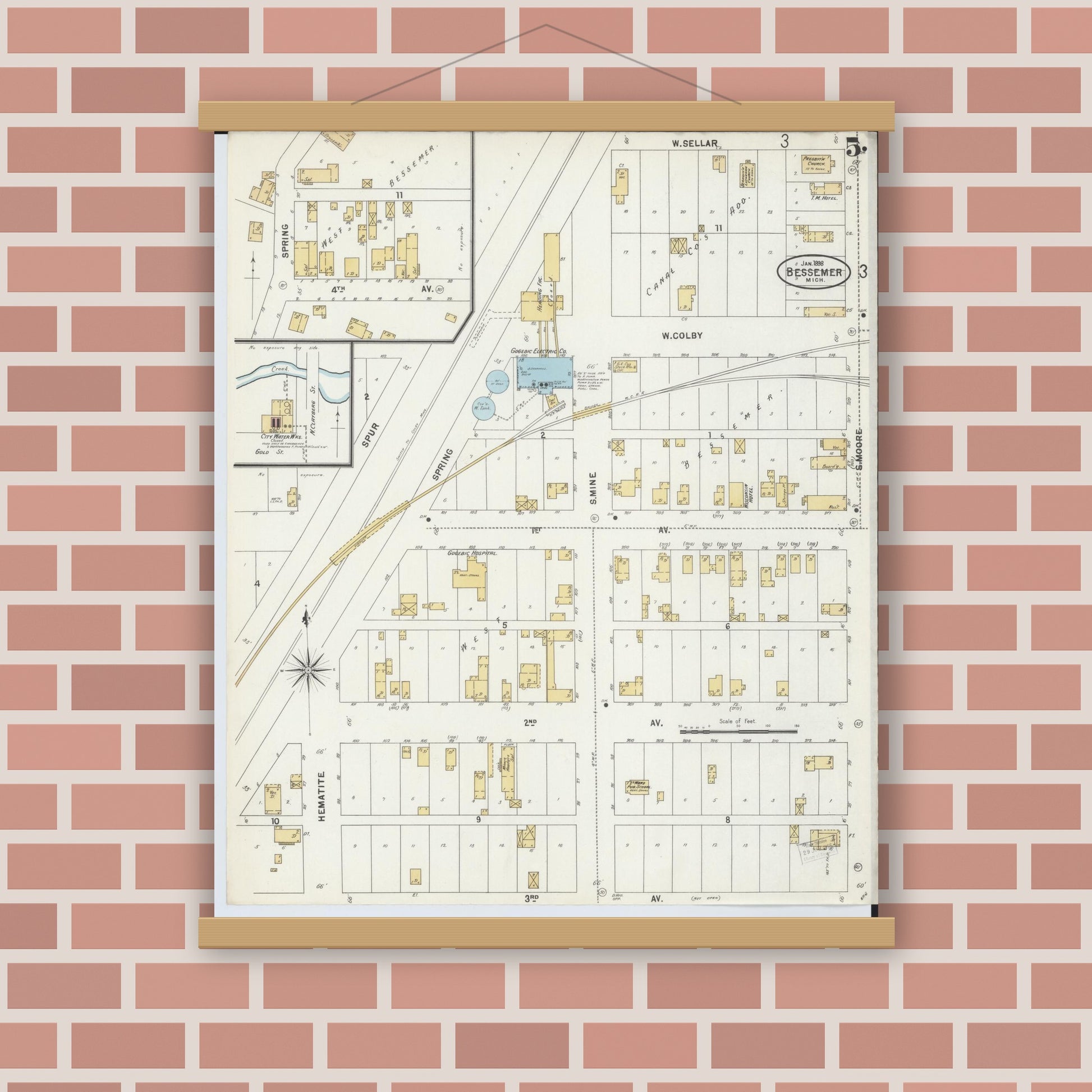 Old map wall art mockup — magnetic wood frame on brick wall — Sanborn Fire Insurance Map from Bessemer, Gogebic County, Michigan (1898), Sheet #0005