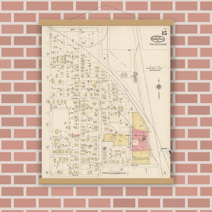 Old map wall art mockup — magnetic wood frame on brick wall — Sanborn Fire Insurance Map from Gainesville, Cooke County, Texas (1922), Sheet #0015