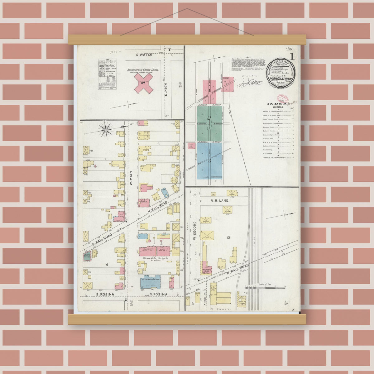 Old map wall art mockup — magnetic wood frame on brick wall — Sanborn Fire Insurance Map from Hummelstown, Dauphin County, Pennsylvania (1895) - Complete Map Set