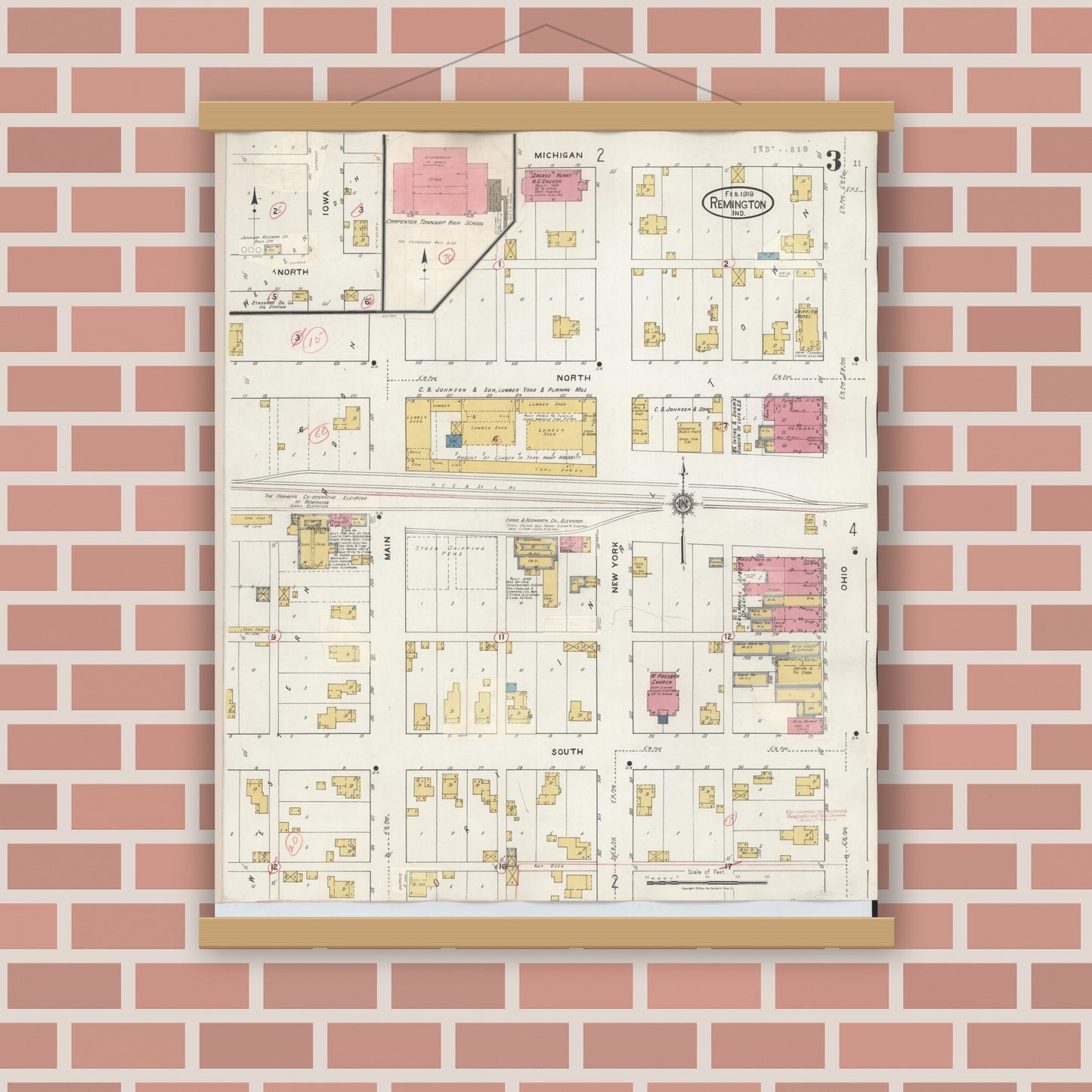 Old map wall art mockup — magnetic wood frame on brick wall — Sanborn Fire Insurance Map from Remington, Jasper County, Indiana (1932), Sheet #0003