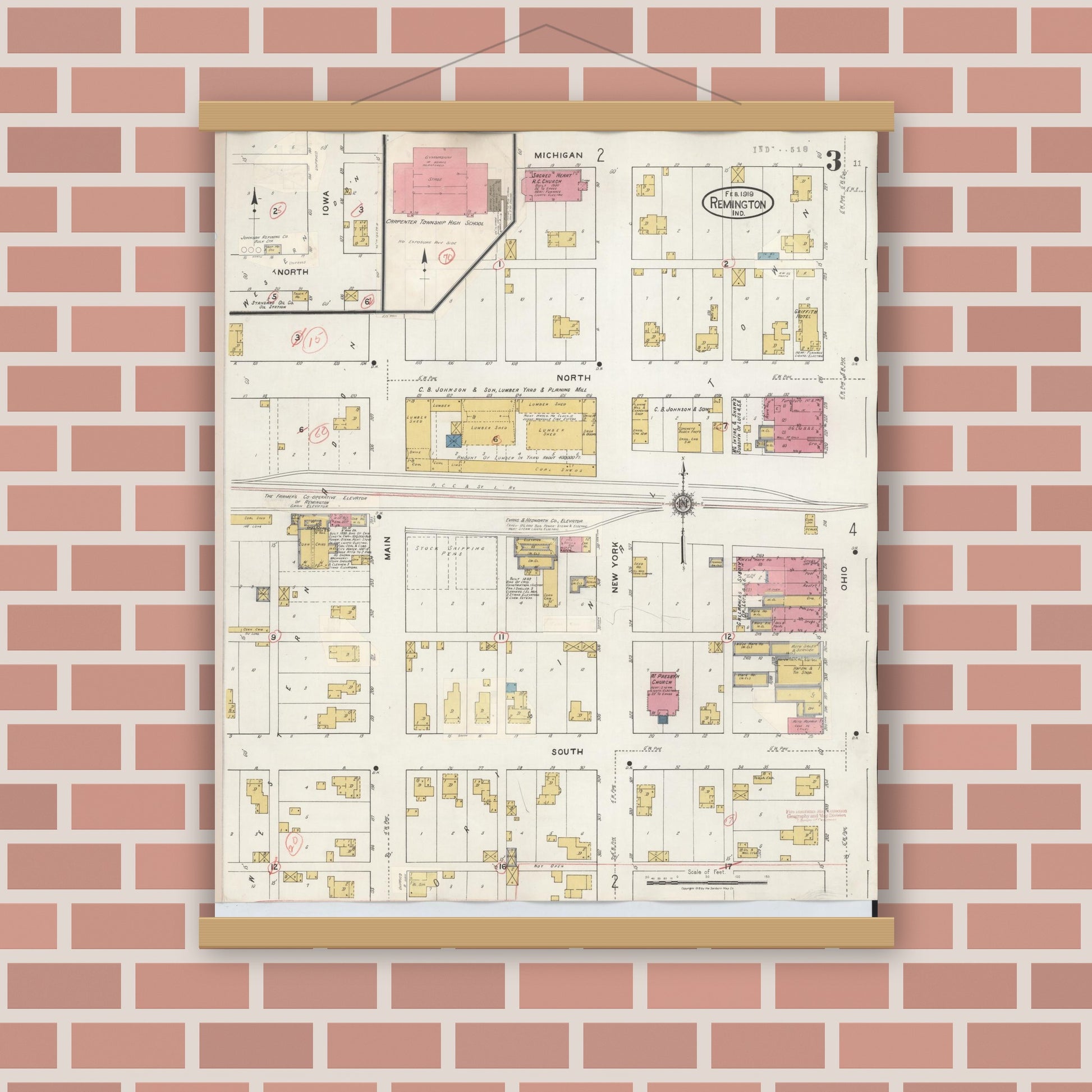 Old map wall art mockup — magnetic wood frame on brick wall — Sanborn Fire Insurance Map from Remington, Jasper County, Indiana (1932), Sheet #0003