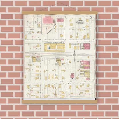 Old map wall art mockup — magnetic wood frame on brick wall — Sanborn Fire Insurance Map from Remington, Jasper County, Indiana (1932), Sheet #0003