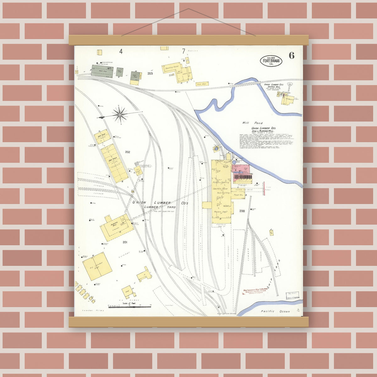 Old map wall art mockup — magnetic wood frame on brick wall — Sanborn Fire Insurance Map from Fort Bragg, Mendocino County, California (1909), Sheet #0006