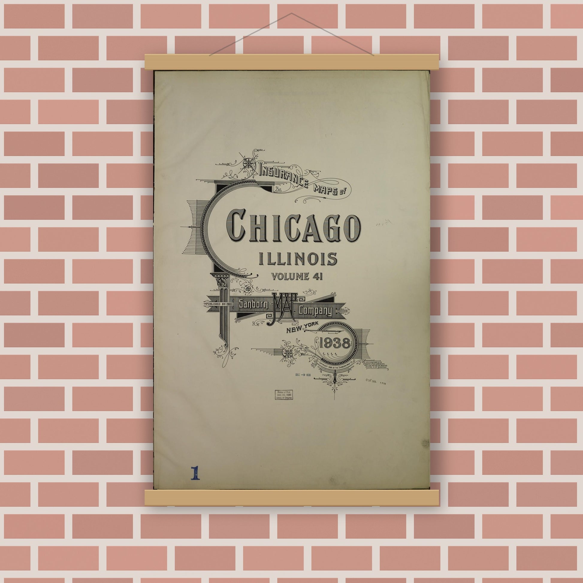 Old map wall art mockup — magnetic wood frame on brick wall — Sanborn Fire Insurance Map from Chicago, Cook County, Illinois (1938), Sheet #0001