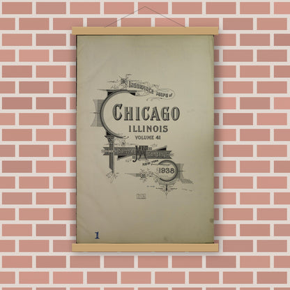 Old map wall art mockup — magnetic wood frame on brick wall — Sanborn Fire Insurance Map from Chicago, Cook County, Illinois (1938), Sheet #0001