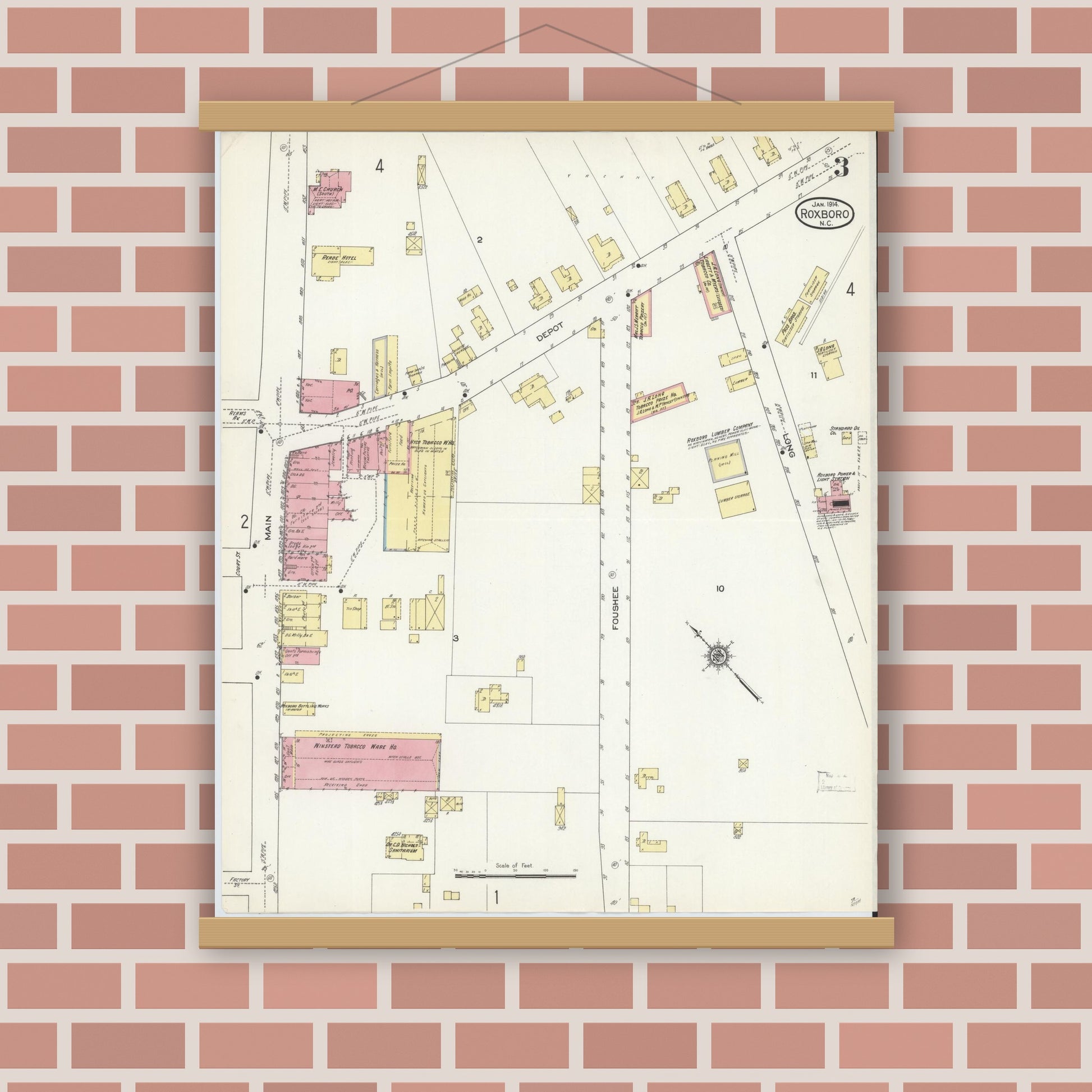 Old map wall art mockup — magnetic wood frame on brick wall — Sanborn Fire Insurance Map from Roxboro, Person County, North Carolina (1914), Sheet #0003