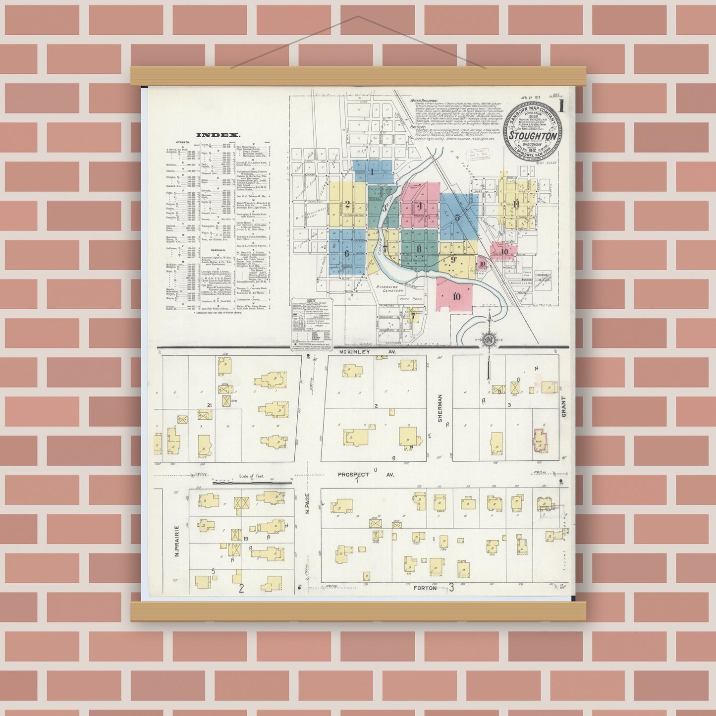 Old map wall art mockup — magnetic wood frame on brick wall — Sanborn Fire Insurance Map from Stoughton, Dane County, Wisconsin (1912), Sheet #0001